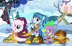 Size: 900x569 | Tagged: safe, artist:pixelkitties, character:sonata dusk, character:spike, oc, oc:fluffle puff, species:dragon, species:earth pony, species:pony, episode:hearth's warming eve, g4, my little pony: friendship is magic, armor, chest, clothing, clubhouse, coat, crusaders clubhouse, dungeons and dragons, equestria girls ponified, female, food, holiday, ladder, male, mare, ponified, roleplaying, smiling, snow, spear, taco, that pony sure does love tacos, treasure chest, weapon, winter