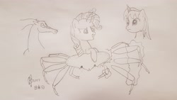 Size: 4032x2268 | Tagged: safe, artist:parclytaxel, character:rarity, oc, oc:parcly taxel, oc:spindle, species:alicorn, species:crab, species:pony, ain't never had friends like us, albumin flask, alicorn oc, food, giant crab, grin, horn ring, japan, kinosaki, lineart, magic, monochrome, parcly taxel in japan, pencil drawing, rarity fighting a giant crab, smiling, story included, telekinesis, traditional art, windigo, windigo oc