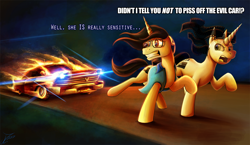 Size: 1250x725 | Tagged: safe, artist:jamescorck, oc, oc only, oc:movie slate, species:pony, species:unicorn, car, chase, christine, clothing, dialogue, female, floppy ears, glasses, looking back, mare, plymouth, running, shirt, stephen king