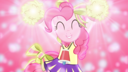 Size: 1600x900 | Tagged: safe, artist:sailortrekkie92, artist:slb94, character:pinkie pie, species:pony, episode:all bottled up, g4, my little pony: friendship is magic, alternate hairstyle, bow, cheering, cheerleader, cheerleader pinkie, clothing, costume, eyes closed, female, lens flare, mare, megaphone, pom pom, ponytail, solo, trace, vector, wallpaper