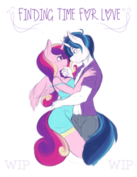 Size: 1700x2200 | Tagged: safe, artist:ambris, character:princess cadance, character:shining armor, species:anthro, species:pony, species:unicorn, ship:shiningcadance, clothing, cute, cutedance, female, heartwarming, looking at each other, male, mare, open clothes, open shirt, shining adorable, shipping, simple background, smiling, stallion, straight, white background, wip