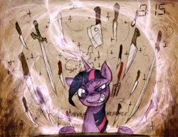 Size: 900x692 | Tagged: safe, artist:foxinshadow, artist:skutchi, character:twilight sparkle, species:pony, species:unicorn, cleaver, female, fork, knife, magic, maniacal laugh, mare, slasher smile, solo, sword, weapon