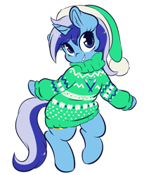Size: 3567x4358 | Tagged: safe, artist:wickedsilly, character:minuette, species:pony, species:unicorn, christmas, clothing, commission, cute, ear fluff, female, hat, holiday, looking at you, mare, minubetes, santa hat, simple background, smiling, solo, sweater, transparent background