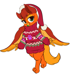 Size: 4171x4342 | Tagged: safe, artist:wickedsilly, oc, oc only, oc:amber wing, species:griffon, absurd resolution, christmas, clothing, commission, female, hat, holiday, santa hat, simple background, smiling, solo, sweater, transparent background