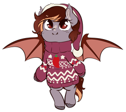 Size: 4272x3816 | Tagged: safe, artist:wickedsilly, oc, oc only, oc:pepper zest, parent:oc:savory zest, parent:oc:scarlet quill, parents:oc x oc, species:anthro, species:bat pony, species:unguligrade anthro, anthro oc, bat pony oc, christmas, clothing, commission, cute, fangs, female, filly, hat, holiday, ocbetes, offspring, parents:scarlory, santa hat, simple background, smiling, sweater, transparent background