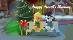 Size: 3805x2090 | Tagged: safe, artist:jhayarr23, character:applejack, character:coloratura, bench, christmas, christmas tree, clothing, hearth's warming, holiday, ponyville, present, scarf, snow, snowfall, tree, vector, wallpaper