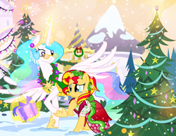 Size: 1000x773 | Tagged: safe, artist:pixelkitties, character:princess celestia, character:sunset shimmer, species:alicorn, species:pony, species:unicorn, canterlot, christmas, christmas tree, clothing, cute, cutelestia, duo, female, glasses, heartwarming, holiday, levitation, magic, magic aura, mare, present, shimmerbetes, snow, spread wings, teacher and student, teary eyes, telekinesis, the prodigal sunset, tree, wings