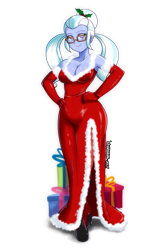 Size: 2333x3500 | Tagged: safe, artist:danmakuman, character:sugarcoat, equestria girls:friendship games, g4, my little pony: equestria girls, my little pony:equestria girls, armpits, belly button, boots, breasts, busty sugarcoat, christmas, cleavage, clothing, dress, female, fur, glasses, gloves, hand on hip, high heel boots, hips, holiday, holly, latex, long gloves, looking at you, present, shoes, side slit, simple background, solo, transparent background, wide hips