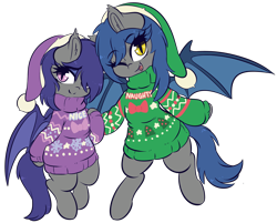 Size: 4673x3752 | Tagged: safe, artist:wickedsilly, oc, oc only, oc:dusk rhine, oc:racket rhine, species:bat pony, species:pony, bat pony oc, christmas, clothing, female, hat, holiday, santa hat, siblings, simple background, sisters, smiling, sweater, transparent background
