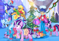 Size: 1000x689 | Tagged: safe, artist:pixelkitties, character:applejack, character:flash sentry, character:rainbow dash, character:starlight glimmer, character:trixie, character:twilight sparkle, character:twilight sparkle (alicorn), species:alicorn, species:pony, ship:flashlight, ship:startrix, my little pony:equestria girls, christmas, christmas tree, clothing, dress, female, holiday, human flash sentry x pony twilight, interspecies, lesbian, male, present, rick and morty, rick sanchez, scarf, shipping, socks, straight, sweater, tree, winter