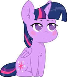 Size: 3915x4500 | Tagged: safe, artist:omegaozone, artist:slb94, character:twilight sparkle, character:twilight sparkle (alicorn), species:alicorn, species:pony, blush sticker, blushing, chest fluff, female, folded wings, mare, simple background, sitting, solo, transparent background, unamused, vector