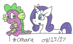 Size: 571x350 | Tagged: safe, artist:cmara, character:rarity, character:spike, species:dragon, ship:sparity, draw, female, male, shipping, straight, traditional art