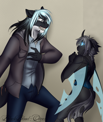 Size: 1764x2089 | Tagged: safe, artist:jc_bbqueen, oc, oc only, oc:imago, oc:mako, species:anthro, species:changeling, anthro oc, changeling oc, clothing, crying, curved horn, floppy ears, intimidating, looking at each other, orca pony, original species, scared, snarling, story in the source