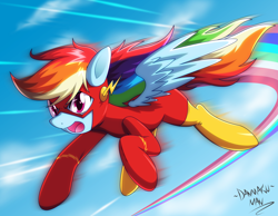Size: 4000x3100 | Tagged: safe, artist:danmakuman, character:rainbow dash, species:pegasus, species:pony, clothing, commission, cosplay, costume, dc comics, female, flying, high res, mare, open mouth, signature, solo, the flash