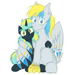 Size: 1600x1600 | Tagged: safe, artist:frist44, oc, oc only, oc:cirrus sky, oc:electro current, species:hippogriff, species:pony, species:unicorn, 2018 community collab, derpibooru community collaboration, cirrent, duo, hug, looking at you, shipping, simple background, size difference, talons, transparent background, winghug