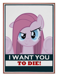 Size: 762x996 | Tagged: safe, artist:slb94, character:pinkamena diane pie, character:pinkie pie, death threat, hate, hatred, looking at you, poster, propaganda