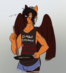 Size: 1316x1454 | Tagged: safe, artist:jc_bbqueen, oc, oc only, oc:daniel dasher, species:anthro, species:dracony, species:pegasus, species:pony, anthro oc, apron, bacon, clothing, cooking, egg, food, hybrid, male, meat, sigh, solo, stallion, tired, vulgar