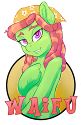 Size: 413x638 | Tagged: safe, artist:hobbes-maxwell, character:tree hugger, species:earth pony, species:pony, female, green fur, heart eyes, hippie, lidded eyes, looking at you, mare, purple eyes, solo, waifu, waifu badge, wingding eyes