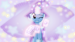 Size: 1600x900 | Tagged: safe, artist:jhayarr23, artist:sailortrekkie92, character:trixie, episode:uncommon bond, g4, my little pony: friendship is magic, cape, card, clothing, female, hat, magic, one eye closed, solo, trixie's cape, trixie's hat, vector, wallpaper, wink