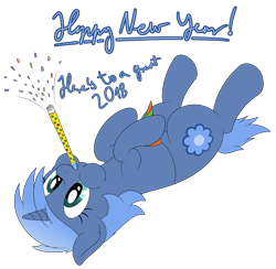 Size: 3572x3492 | Tagged: safe, artist:djdavid98, oc, oc only, oc:paamayim nekudotayim, species:pony, 2018, clothing, confetti, english, happy new year 2018, hat, high res, new year, on back, party hat, party horn, simple background, solo, text, transparent background