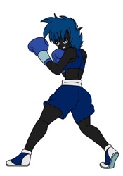 Size: 699x997 | Tagged: safe, artist:linedraweer, oc, oc only, oc:jinx, species:human, my little pony:equestria girls, boxing, boxing gloves, clothing, female, fighting stance, humanized, midriff, pose, simple background, solo, sports, sports bra, trunks, white background