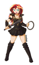 Size: 2424x4000 | Tagged: safe, artist:danmakuman, character:sunset shimmer, species:human, absurd resolution, armor, armor skirt, beautiful, boots, breasts, chakram, cleavage, clothing, commission, female, humanized, open mouth, shoes, simple background, skirt, solo, sword, thighs, transparent background, weapon, whip, xena