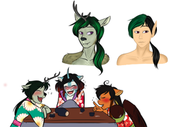 Size: 1964x1454 | Tagged: safe, artist:jc_bbqueen, oc, oc only, oc:annie belle, oc:daniel dasher, oc:locke, species:anthro, species:dracony, species:human, species:kirin, species:pegasus, species:pony, species:unicorn, anthro oc, brother and sister, clothing, drunk, eyes closed, female, friends, humanized, humanized oc, hybrid, laughing, male, monochrome, sake, siblings, simple background, sketch, smiling, table, white background