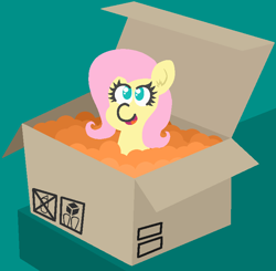 Size: 765x749 | Tagged: safe, artist:threetwotwo32232, character:fluttershy, species:pony, box, bust, cute, female, head, looking at you, mare, open mouth, packing peanuts, pony in a box, shyabetes, smiling, solo, yay