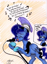Size: 1374x1861 | Tagged: safe, artist:newyorkx3, character:princess luna, species:alicorn, species:pony, artemabetes, cute, dialogue, eyes closed, male, microphone, prince artemis, rule 63, rule63betes, singing, smiling, solo, stallion, traditional art