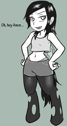 Size: 482x901 | Tagged: safe, artist:dj-black-n-white, oc, oc only, oc:mistake, parent:queen chrysalis, satyr, belly button, child bearing hips, implied anon, midriff, offspring, wide hips