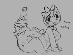 Size: 1024x768 | Tagged: safe, artist:mt, oc, oc only, oc:snap, parent:crackle, satyr, christmas, christmas tree, clothing, female, holiday, monochrome, offspring, solo, sweater, tree