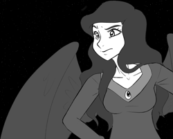 Size: 1133x910 | Tagged: safe, alternate version, artist:dj-black-n-white, oc, oc only, oc:selene, parent:oc:anon, parent:princess luna, satyr, clothing, female, grayscale, hand on waist, interspecies offspring, long hair, monochrome, night, offspring, solo, stars, winged satyr, wings