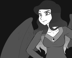 Size: 1133x910 | Tagged: safe, alternate version, artist:dj-black-n-white, oc, oc only, oc:selene, parent:oc:anon, parent:princess luna, satyr, black background, clothing, female, gradient hair, grayscale, hand on waist, interspecies offspring, monochrome, offspring, simple background, solo, winged satyr, wings