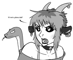 Size: 1060x876 | Tagged: safe, artist:dj-black-n-white, oc, oc only, oc:kimmy and mera, parent:chimera sisters, satyr, choker, female, goth, grayscale, jewelry, lipstick, monochrome, offspring, piercing, probably solo, simple background, solo, white background