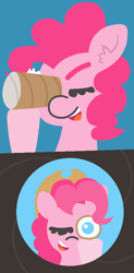 Size: 442x895 | Tagged: safe, artist:threetwotwo32232, character:pinkie pie, species:earth pony, species:pony, applejack's hat, clothing, comic, cowboy hat, ear fluff, female, hat, mare, ponidox, self ponidox, toilet paper roll, what does she see