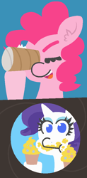 Size: 442x895 | Tagged: safe, artist:threetwotwo32232, character:pinkie pie, character:rarity, species:earth pony, species:pony, species:unicorn, comic, cupcake, ear fluff, female, food, mare, toilet paper roll, what does she see