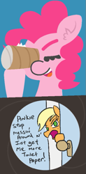 Size: 329x666 | Tagged: safe, artist:jargon scott, artist:threetwotwo32232, edit, character:applejack, character:pinkie pie, species:earth pony, species:pony, ear fluff, female, mare, toilet paper roll, what does she see