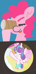 Size: 4267x8640 | Tagged: safe, artist:threetwotwo32232, edit, editor:michaelsety, screencap, character:pinkie pie, character:princess flurry heart, species:alicorn, species:pony, episode:a flurry of emotions, g4, my little pony: friendship is magic, absurd resolution, baby carriage, blinking, bottle, cute, diaper, eyes closed, flurrybetes, hoof hold, kneeling, spread wings, toilet paper roll, what does she see, wings