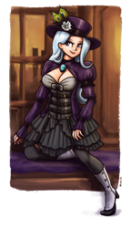 Size: 924x1600 | Tagged: safe, artist:king-kakapo, character:trixie, species:human, boots, breasts, busty trixie, cleavage, clothing, corset, female, hat, high heel boots, humanized, shoes, skirt, smiling, socks, solo, steampunk, stockings, thigh highs