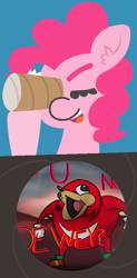 Size: 4267x8640 | Tagged: safe, artist:threetwotwo32232, edit, character:pinkie pie, species:earth pony, species:pony, absurd resolution, blinking, crossover, eyes closed, female, hoof hold, knuckles-pinkie war, mare, meme, open mouth, smiling, sonic the hedgehog (series), toilet paper roll, ugandan knuckles, wat, what does she see
