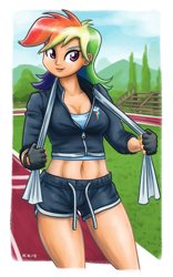 Size: 998x1600 | Tagged: safe, artist:king-kakapo, character:rainbow dash, species:human, abs, belly button, blue hair, breasts, cleavage, clothing, cloud, cutie mark, day, female, fingerless gloves, gloves, grass, green hair, humanized, jacket, light skin, looking at you, midriff, multicolored hair, orange hair, outdoors, purple hair, red hair, running track, short hair, shorts, signature, sky, smiling, solo, thighs, towel, tree, yellow hair, zipper