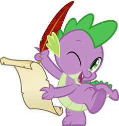 Size: 4940x5201 | Tagged: safe, artist:jhayarr23, character:spike, species:dragon, absurd resolution, baby, baby dragon, cute, feather, male, one eye closed, one eye open, quill, quill pen, scroll, simple background, solo, spikabetes, transparent background, vector, wink