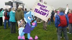 Size: 1967x1106 | Tagged: safe, artist:pixelkitties, character:ms. harshwhinny, character:trixie, banner, cup, irl, march, obsession, photo, picket sign, ponies in real life, strike (protest), teacup, that pony sure does love teacups, votehorse