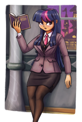 Size: 1076x1600 | Tagged: safe, artist:king-kakapo, character:twilight sparkle, species:human, adorkable, blushing, book, canterlot, clothing, cute, dork, female, humanized, necktie, pantyhose, side slit, skirt, skirt suit, solo, suit, tube skirt, window