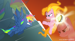Size: 6705x3694 | Tagged: safe, artist:jhayarr23, character:evil pie hater dash, character:pinkie pie, character:rainbow dash, species:pegasus, species:pony, episode:secrets and pies, g4, my little pony: friendship is magic, dragon ball, dragon ball z, epic fight, female, fight, fire, food, kamehameha, lemon meringue pie, mane of fire, mare, pie, ponyta, show accurate, vector, wallpaper, zoom layer