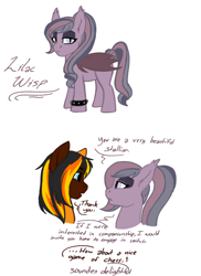 Size: 1024x1408 | Tagged: safe, artist:jc_bbqueen, oc, oc only, oc:daniel dasher, oc:lilac wisp, species:bat pony, species:dracony, species:pony, bat pony oc, dialogue, female, hybrid, lidded eyes, looking at each other, male, mare, ponytail, simple background, slit eyes, speech bubble, spiked wristband, stallion, white background, wristband