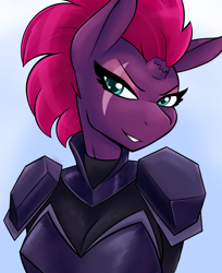 Size: 5100x6265 | Tagged: safe, artist:ambris, character:tempest shadow, species:anthro, species:pony, species:unicorn, my little pony: the movie (2017), absurd resolution, armor, bodysuit, breastplate, breasts, broken horn, busty tempest shadow, cleavage, clothing, eye scar, female, looking at you, mare, scar, smiling, solo, teeth, upper body