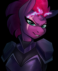 Size: 1280x1572 | Tagged: safe, artist:ambris, artist:jitterladybug, character:tempest shadow, species:anthro, species:pony, species:unicorn, my little pony: the movie (2017), armor, bodysuit, breastplate, breasts, broken horn, busty tempest shadow, cleavage, eye scar, female, lightning, looking at you, scar, smiling, solo, sparking horn, sparkles