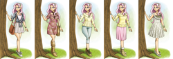 Size: 5000x1725 | Tagged: safe, artist:king-kakapo, character:fluttershy, species:human, bag, boots, bracelet, clothing, dress, female, hairband, high heels, humanized, jewelry, lanky, light skin, line-up, multiple variants, necklace, pants, shoes, skirt, smiling, sneakers, solo, sweater, sweatershy, tree