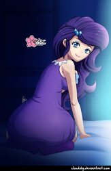 Size: 2215x3406 | Tagged: safe, artist:clouddg, character:rarity, my little pony:equestria girls, ass, bed, bedroom, butt, clothing, female, human coloration, looking at you, looking back, looking back at you, nightgown, rearity, signature, slippers, smiling, solo